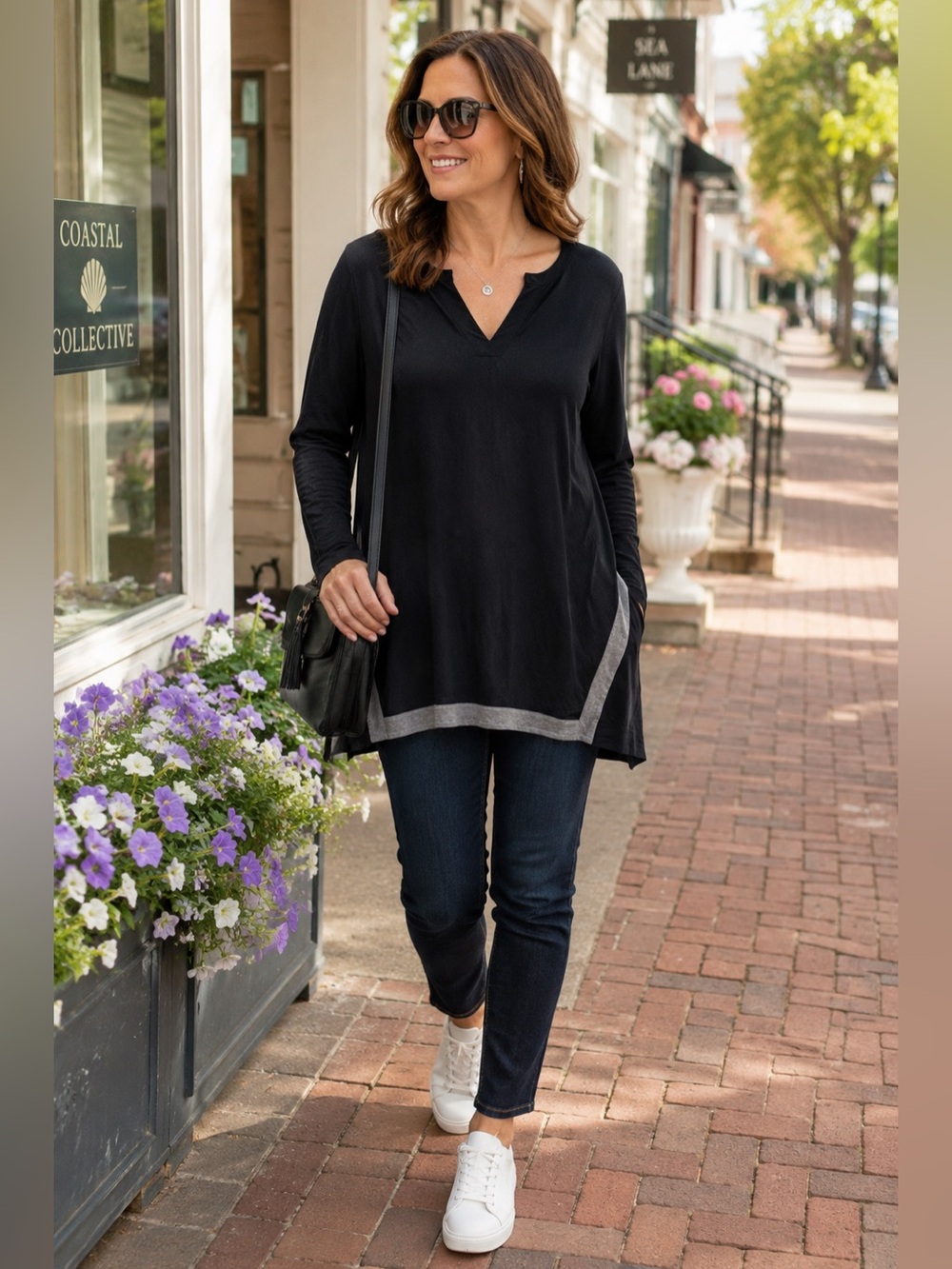 J Jill Wearever Colorblock V Neck Tunic Top Black Gray XL NWT Rayon Stretch‎